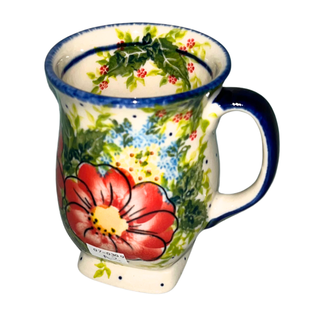 Kalich Polish Pottery Pattern 730 Red Poppy Garden, hand-painted red floral design with green foliage and cobalt accents, Bolesławiec stoneware, durable, dishwasher and microwave safe.