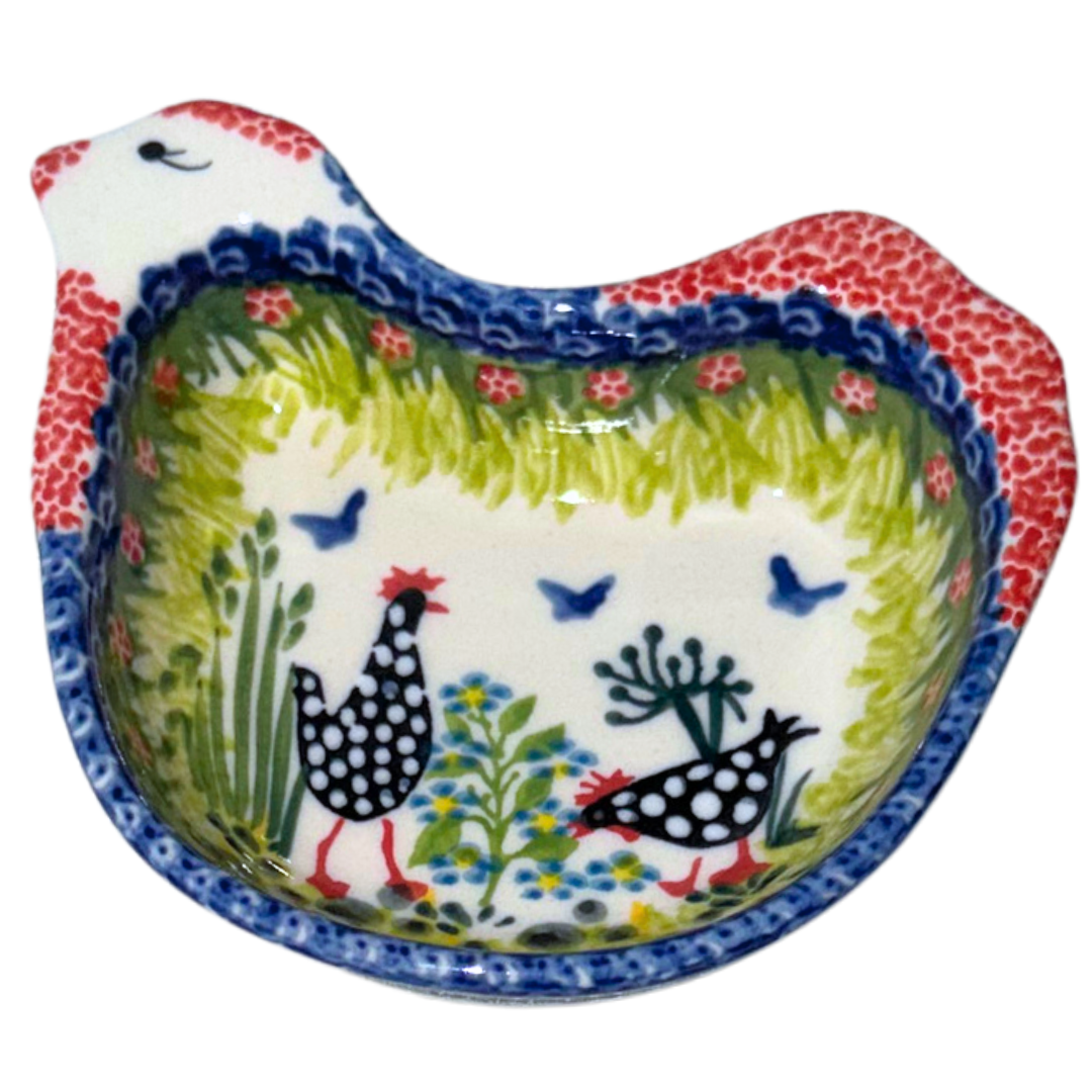 Ceramika Kalich Pattern 950 Polka Chicken Polish pottery with hand-painted hens and floral garden design.