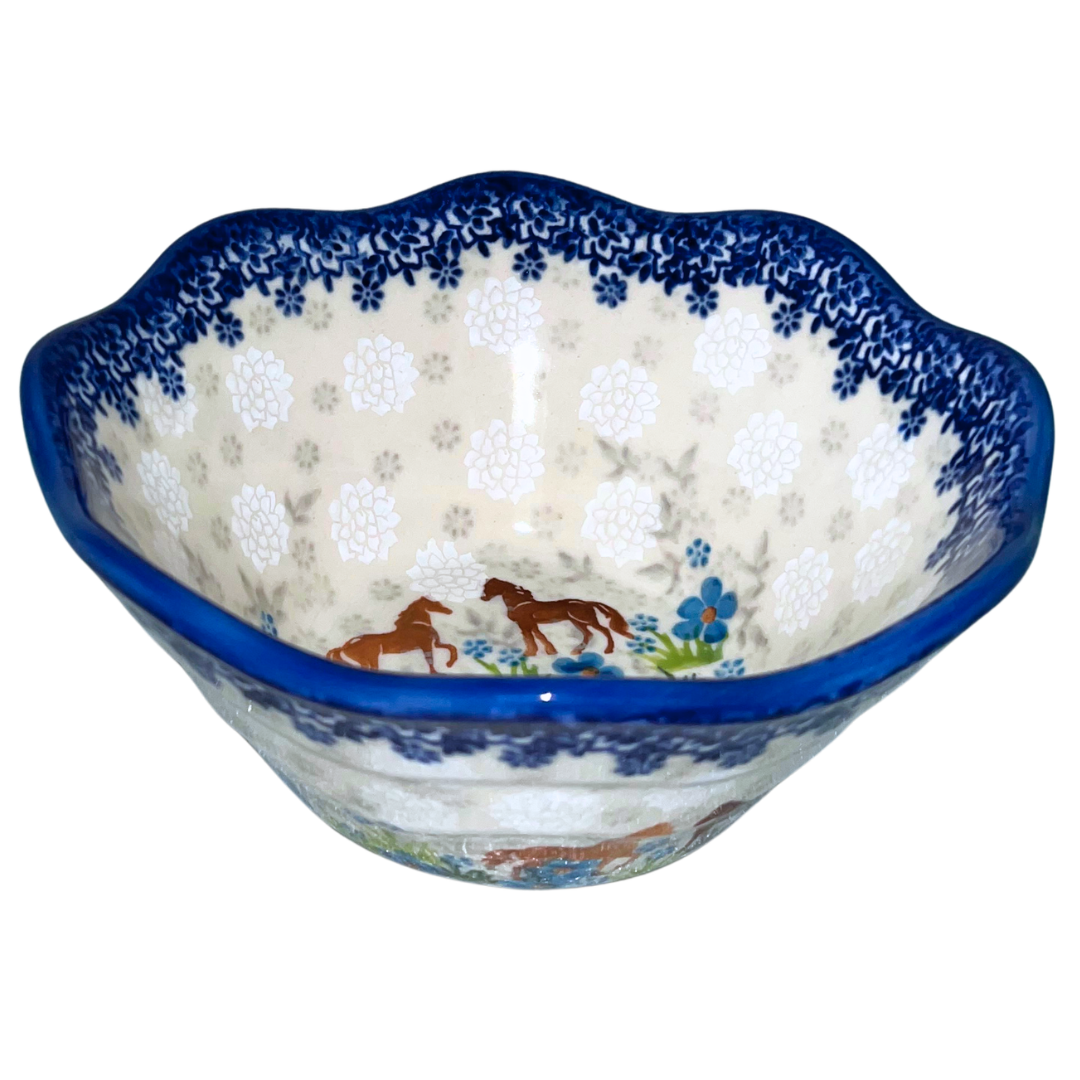 Ceramika Kalich Pattern 1311 features two horses among vibrant blue blossoms with a classic cobalt border. Hand-painted Polish pottery from Bolesławiec, Poland.