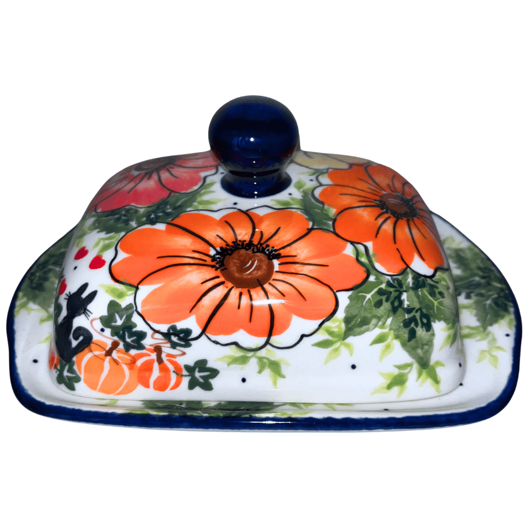 08-0351 BUTTER DISH WIDE FALL FLOWERS CATS PUMPKINS.png