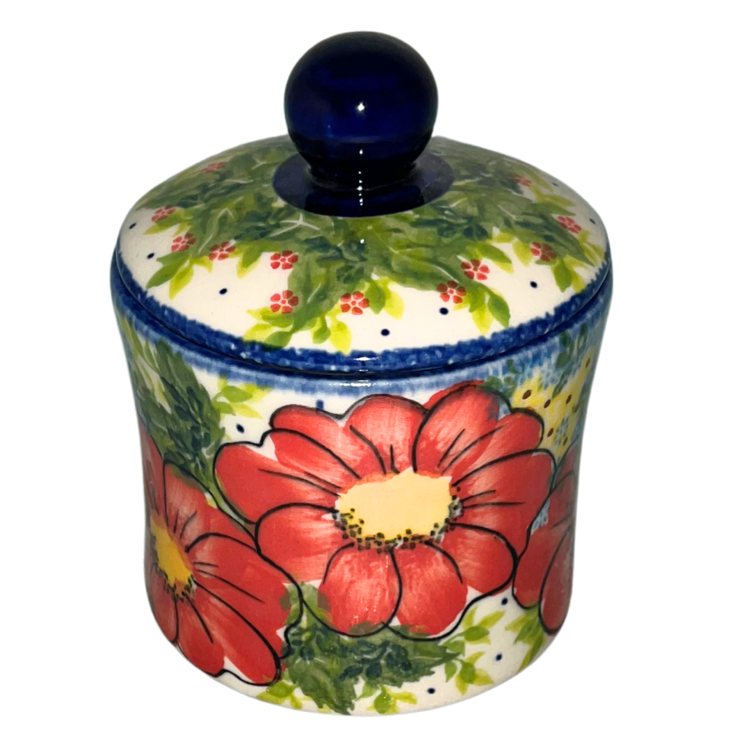 Kalich Polish Pottery Pattern 730 Red Poppy Garden, hand-painted red floral design with green foliage and cobalt accents, Bolesławiec stoneware, durable, dishwasher and microwave safe.