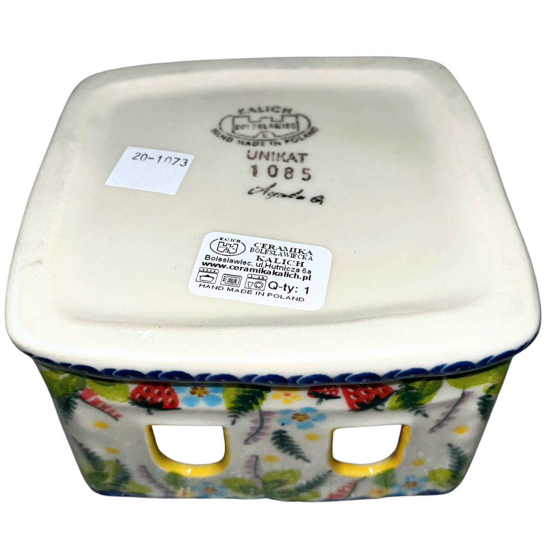 Ceramika Kalich Pattern 1085 Summer Strawberries Polish pottery with hand-painted strawberries, blossoms, and butterfly. Authentic Bolesławiec stoneware, dishwasher, microwave, and oven safe.