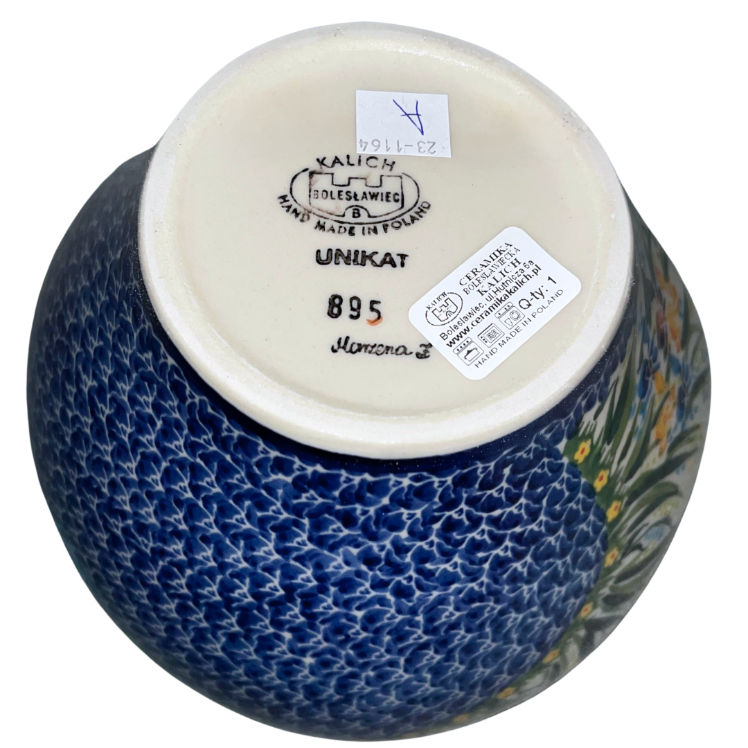 Handmade Kalich Polish Pottery tulip vase in Pattern 895 Iris. Hand-painted floral design with rich blue accents. Made in Bolesławiec, Poland.
