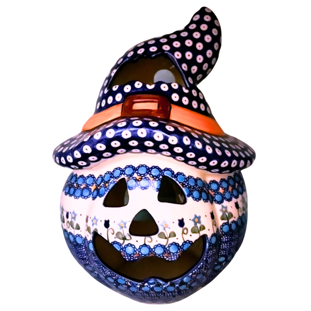 Vena Polish Pottery jack-o’-lantern with witch hat, hand-painted in blue floral patterns. Handmade in Bolesławiec, Poland, perfect Halloween décor and collectible stoneware.