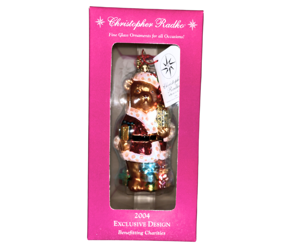 Christopher Radko 1011260 “A Bear to Care” 2004 exclusive glass ornament. Handcrafted European design benefitting charities. Retired collectible in gift box.