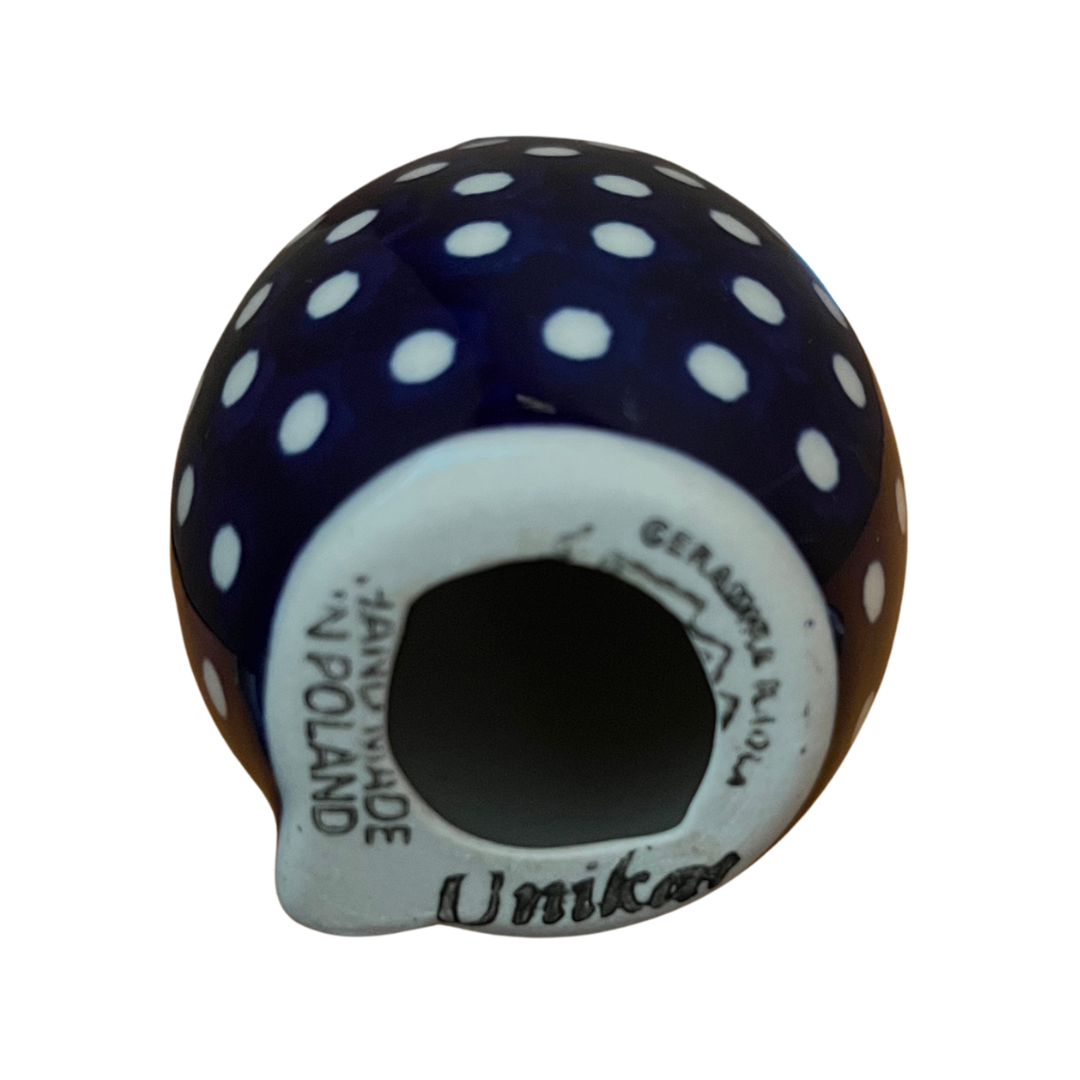 5.75" Polish pottery bunny by Kaola, hand-painted in cobalt with white dots. Glossy, durable, collectible ceramic figurine.