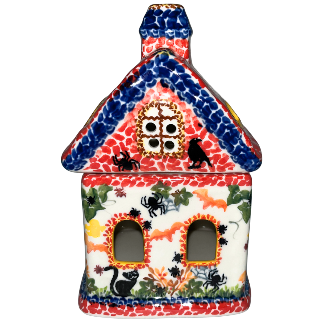 Hand-painted Kalich Polish Pottery Halloween House Luminary from Bolesławiec, Poland, featuring black cats, ravens, spiders, bats and autumn details.