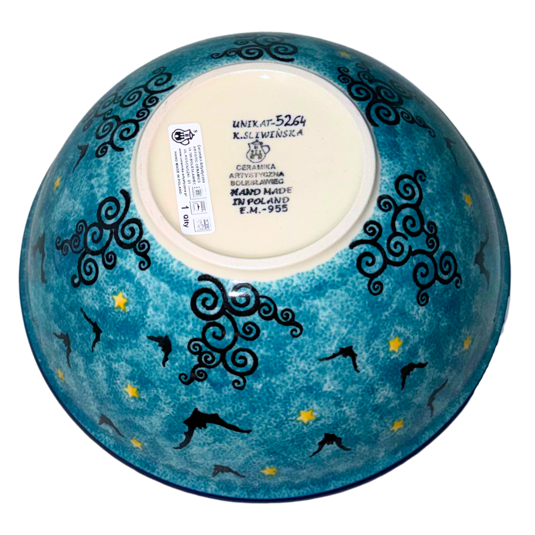 Ceramika Artystyczna U5264 Polish Pottery bowl with flying bats, golden moon and stars on a turquoise blue night sky, handcrafted in Bolesławiec, Poland.