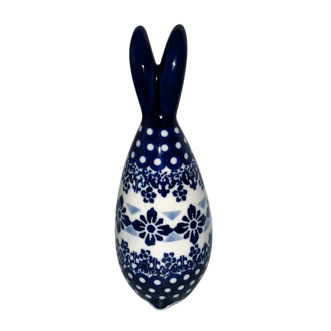 5.75" Polish pottery bunny by Kaola, hand-painted in cobalt florals & dots signed A K. Glossy, durable, collectible ceramic figurine.