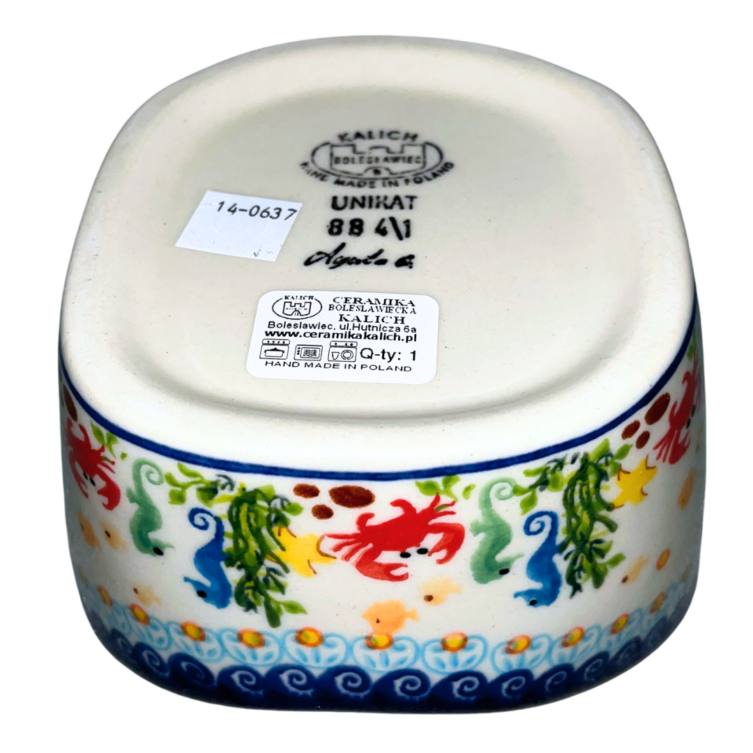 Handmade Ceramika Kalich Polish pottery in Pattern 884 Sealife with Red Crabs. Colorful coastal design featuring seahorses, starfish, and crabs. Microwave and dishwasher safe stoneware.