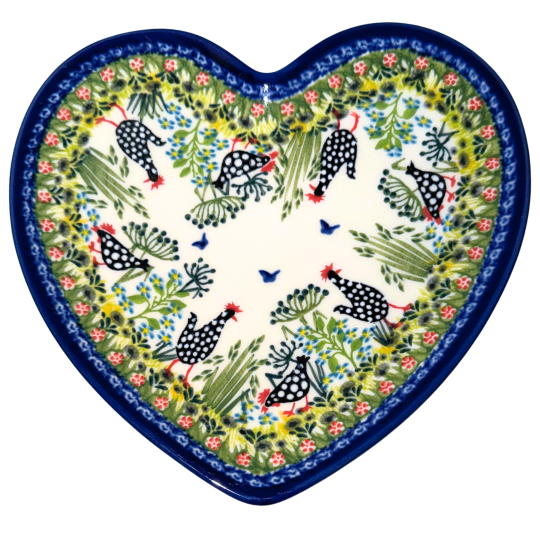 Ceramika Kalich Pattern 950 Polka Chicken Polish pottery with hand-painted hens and floral garden design.