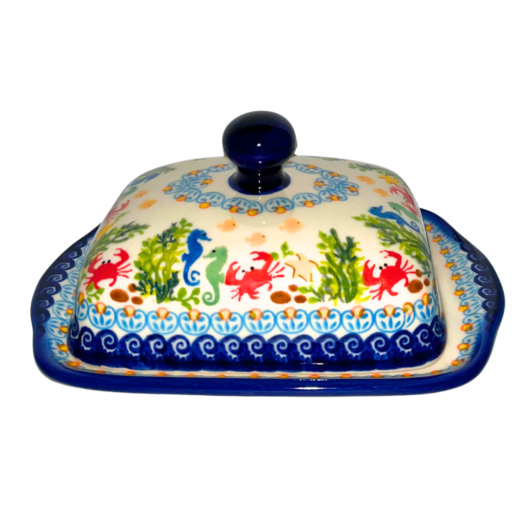 Handmade Ceramika Kalich Polish pottery in Pattern 884 Sealife with Red Crabs. Colorful coastal design featuring seahorses, starfish, and crabs. Microwave and dishwasher safe stoneware.