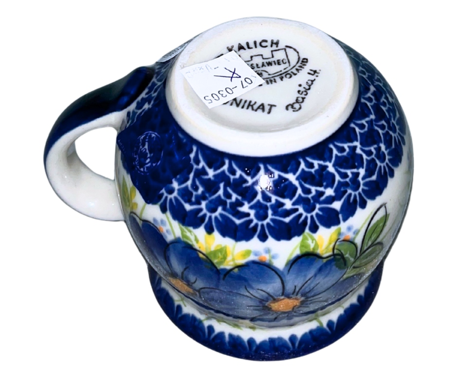 Babcia Polish Pottery Mug – 10 oz Hand-painted Polish Pottery mug featuring “Babcia” text and blue floral design. Handmade in Bolesławiec, Poland. Dishwasher & microwave safe.