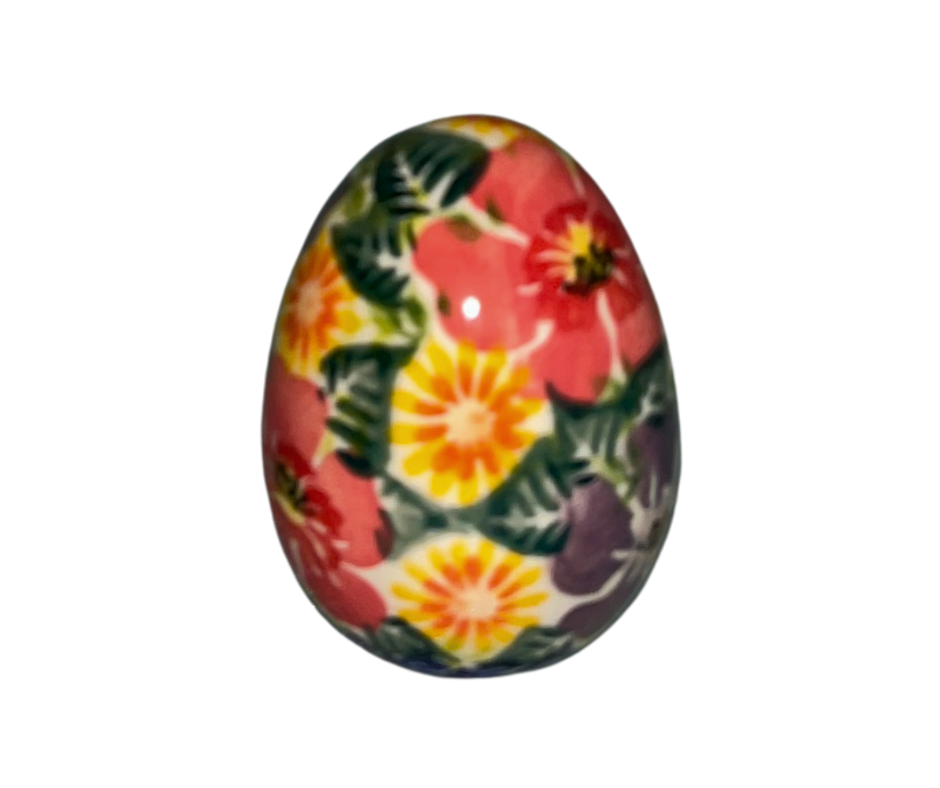 Handcrafted Ceramika Kalich 3-inch ceramic egg featuring red gold and violet flowers, and green leaves. A colorful Polish folk-style decorative egg perfect for Easter or spring décor.