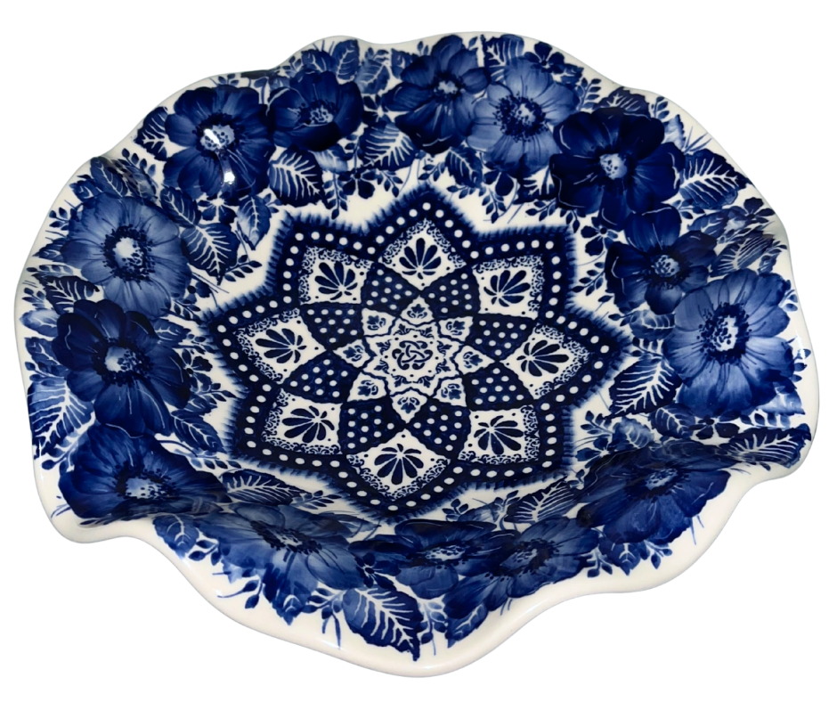 Kaola Studio Polish Pottery 11x11 inch Limited Edition Wavy Edge Bowl Cobalt Mandala & Poppies. Signed by A. Pachom