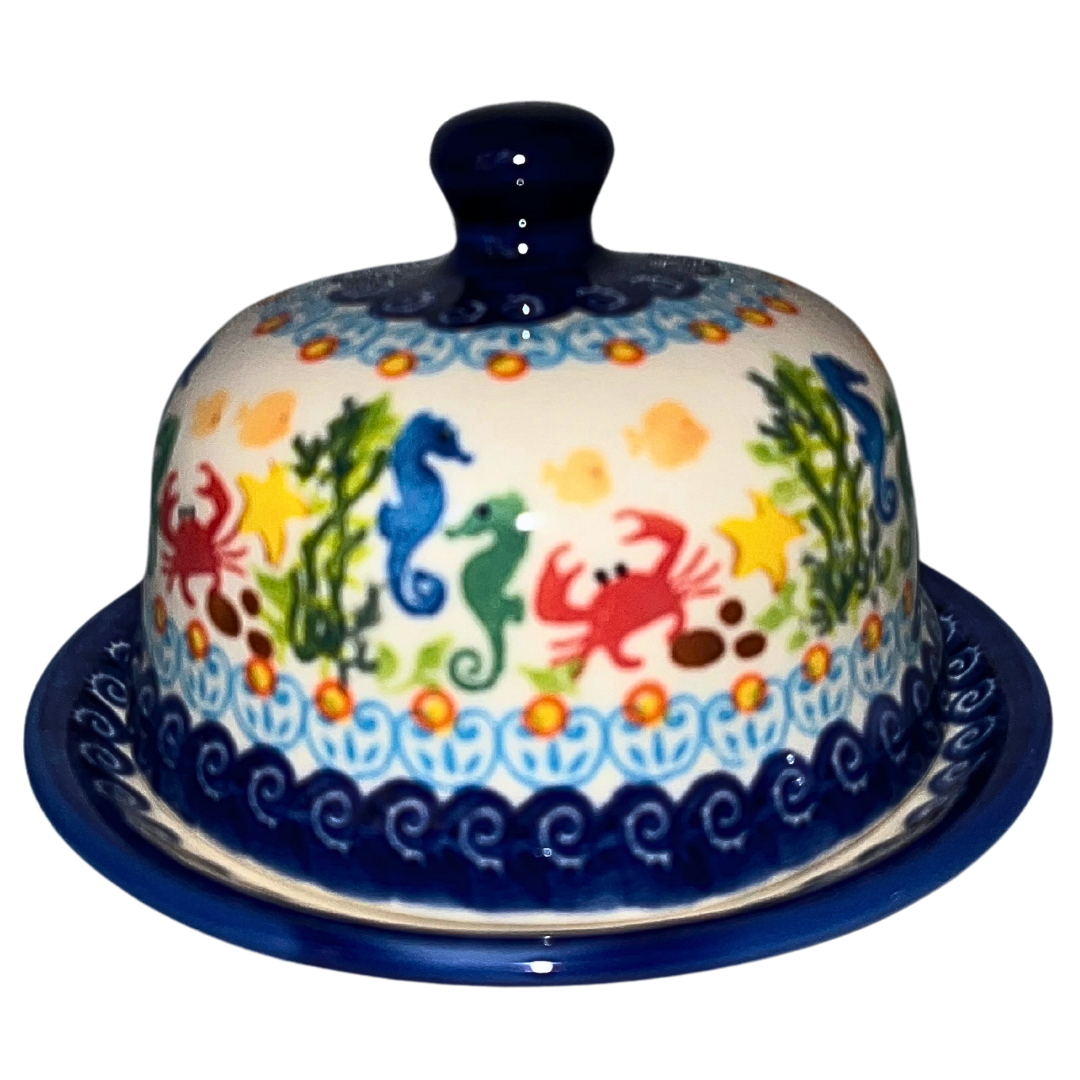 KALICH POLISH POTTERY ROUND BUTTER CHEESE DISH SEALIFE CRABS 884