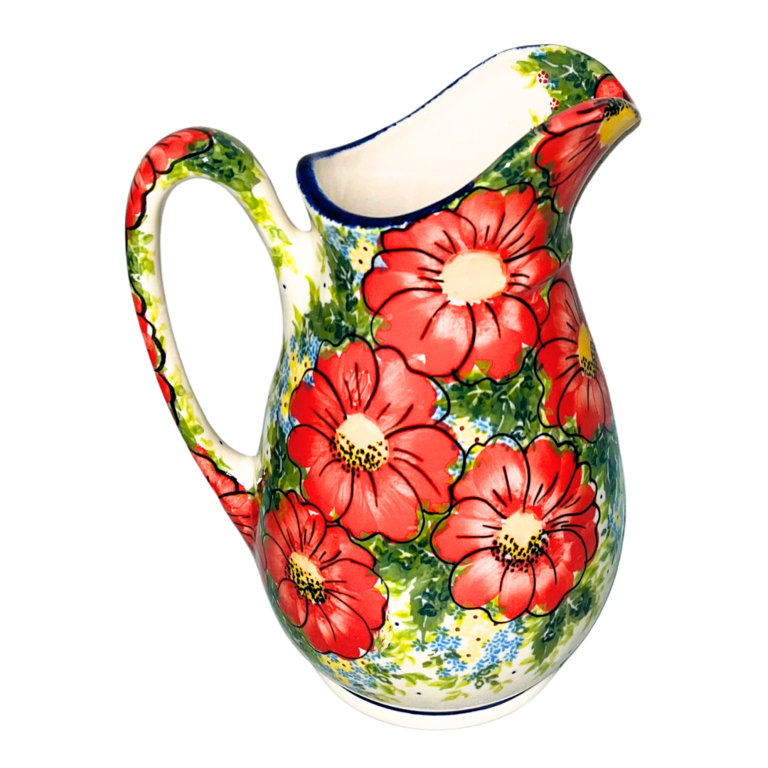 Kalich Polish Pottery Pattern 730 Red Poppy Garden, hand-painted red floral design with green foliage and cobalt accents, Bolesławiec stoneware, durable, dishwasher and microwave safe.