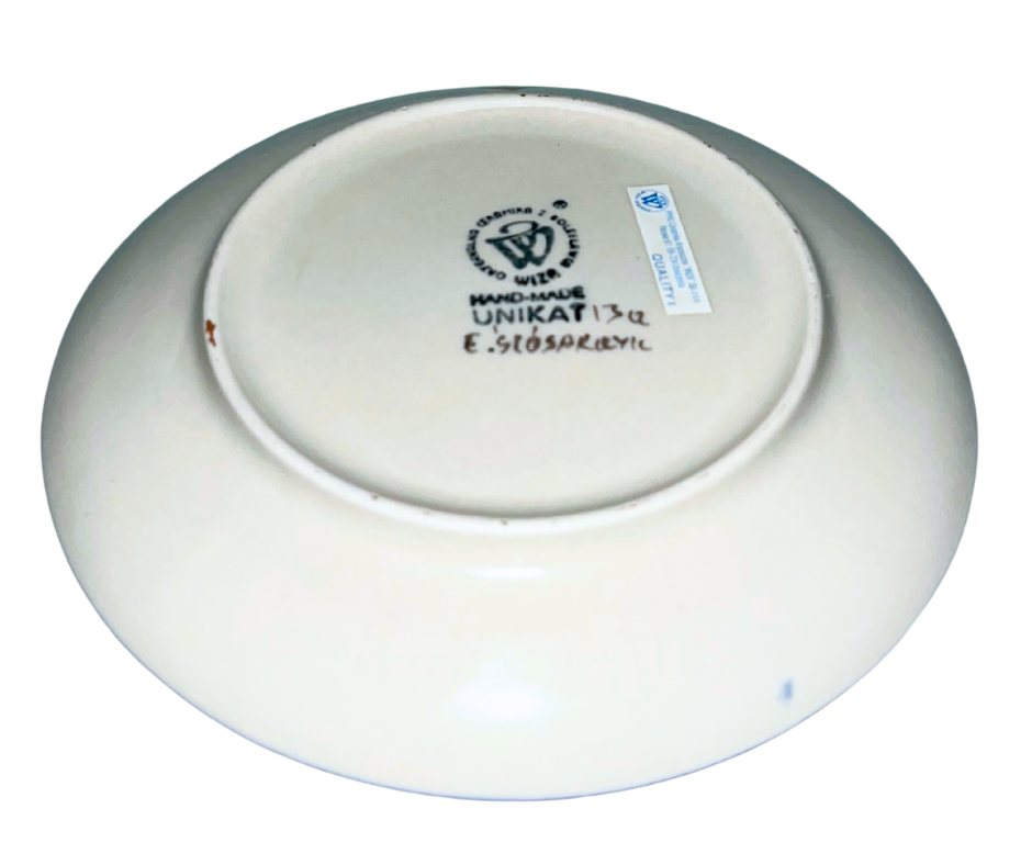 Authentic WIZA Polish Pottery Pattern U13 with delicate pink and blue florals. Handmade in Poland from durable stoneware. Oven, microwave, and dishwasher safe.