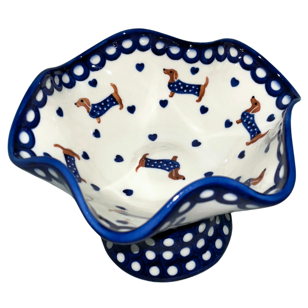 Ceramika Kalich Pattern 1322 Dachshunds features playful dachshunds in blue coats with scattered blue hearts and cobalt accents. Hand-painted Polish pottery from Poland.
