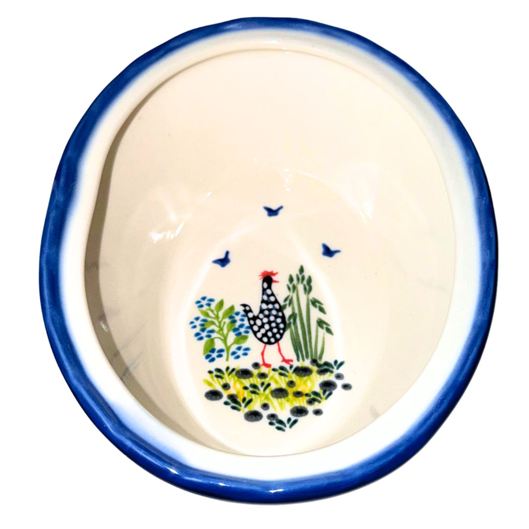 Ceramika Kalich Pattern 950 Polka Chicken Polish pottery with hand-painted hens and floral garden design. Authentic