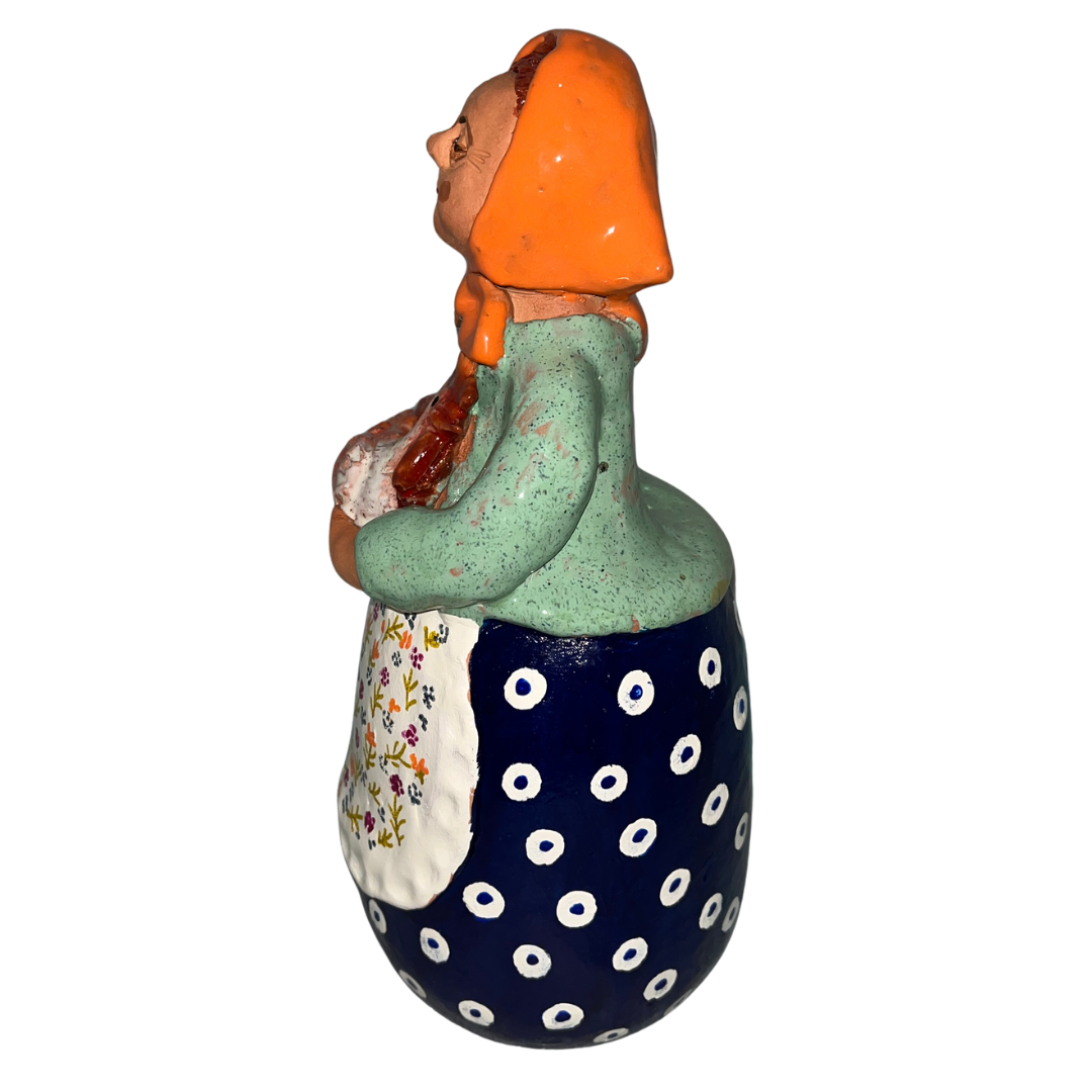 Hand-painted folk art babcia grannie figurine holding a rooster