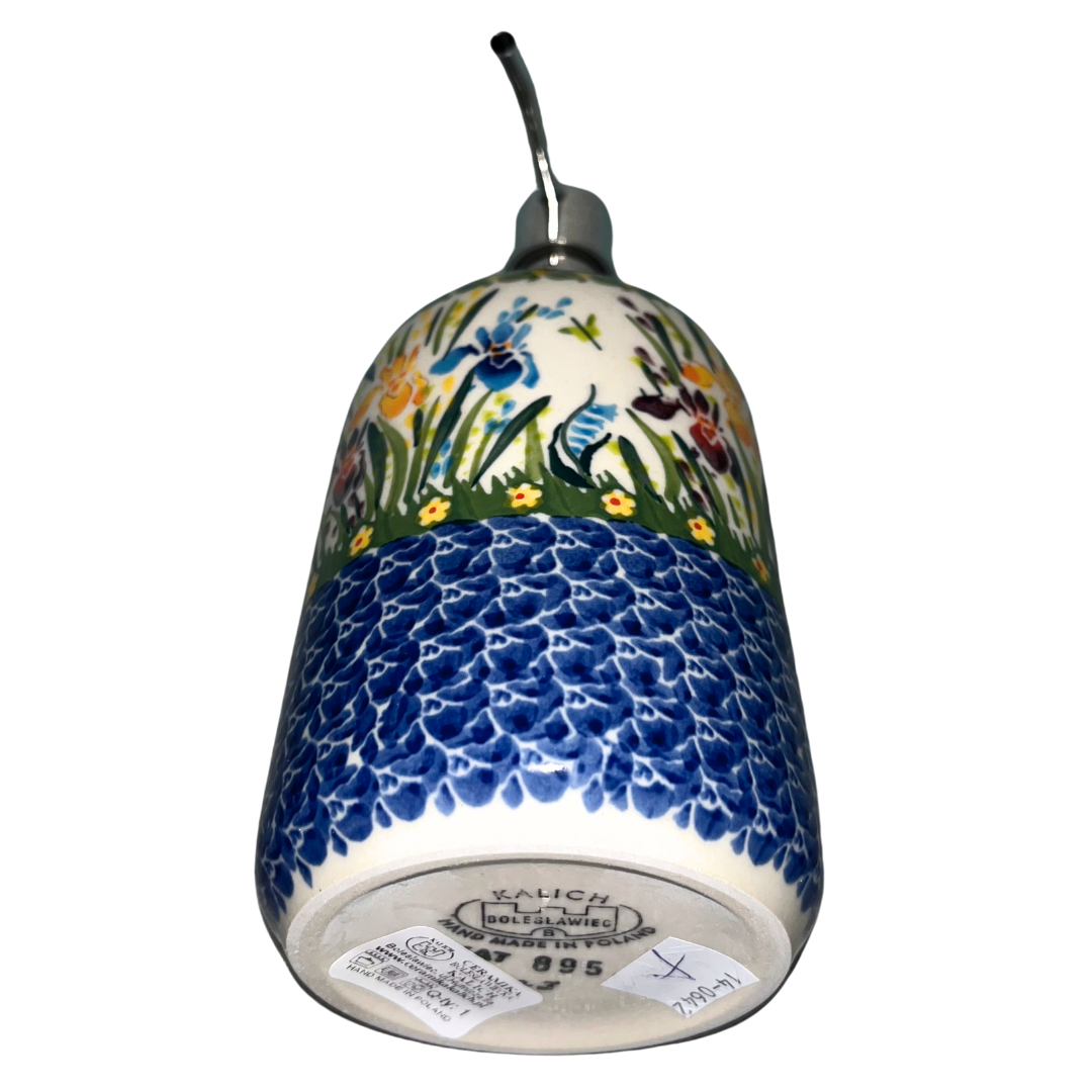 Ceramika Kalich Pattern 895 Iris Polish pottery with hand-painted blue, yellow, and burgundy flowers. Durable, dishwasher safe stoneware from Bolesławiec.