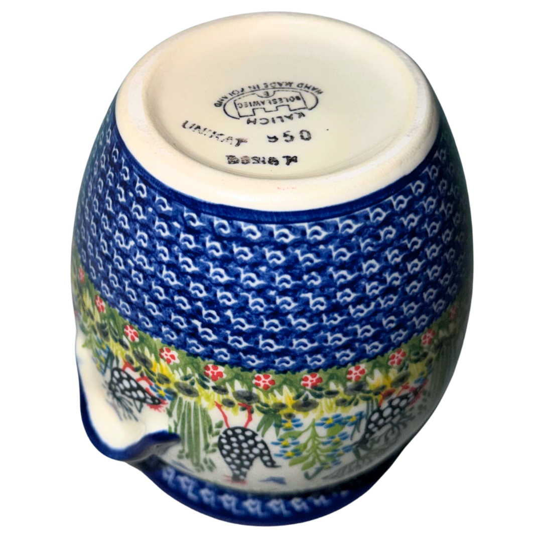 Ceramika Kalich Pattern 950 Polka Chicken Polish pottery with hand-painted hens and floral garden design.