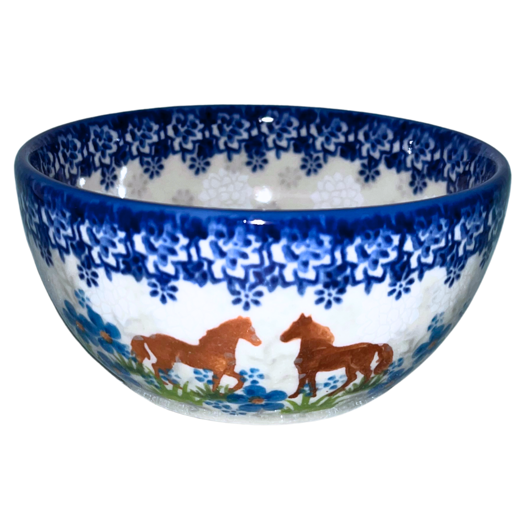 Ceramika Kalich Pattern 1311 features two horses among vibrant blue blossoms with a classic cobalt border. Hand-painted Polish pottery from Bolesławiec, Poland.