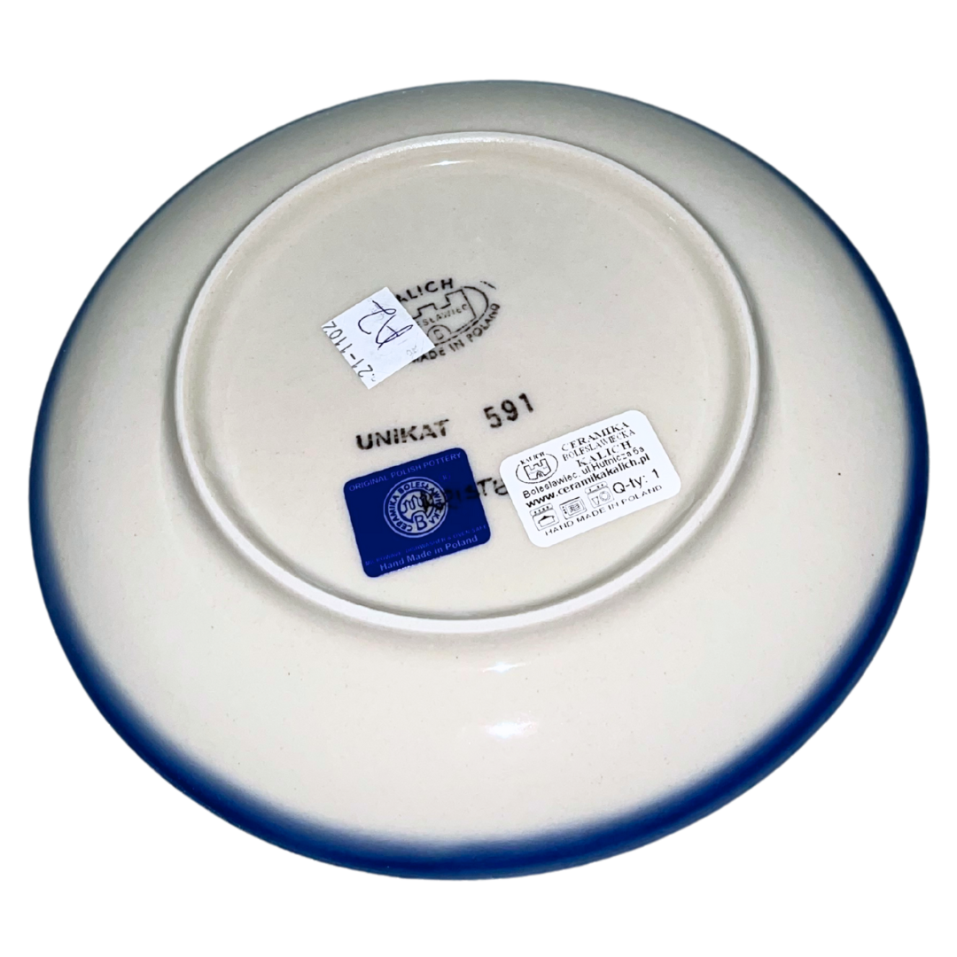 Kalich Polish Pottery Pattern 591 Tulips, hand-painted red and yellow floral design with cobalt accents, Bolesławiec stoneware, durable, dishwasher and microwave safe, vibrant spring pattern.