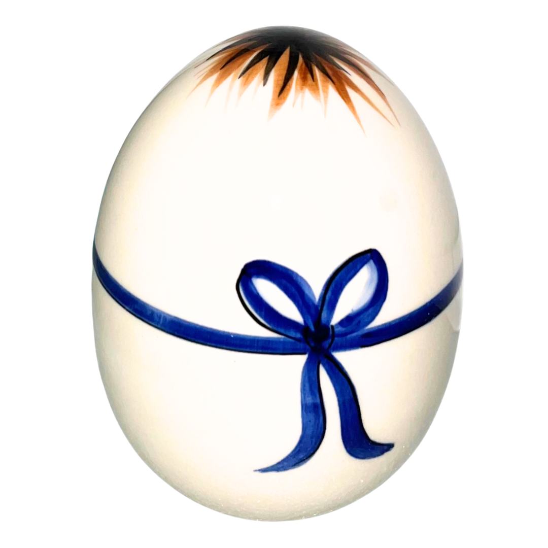 Handcrafted Kaola Studio 5" ceramic egg with apron and eggs, hand-painted, limited edition, signed A. Pachom 2025. Whimsical collectible décor.