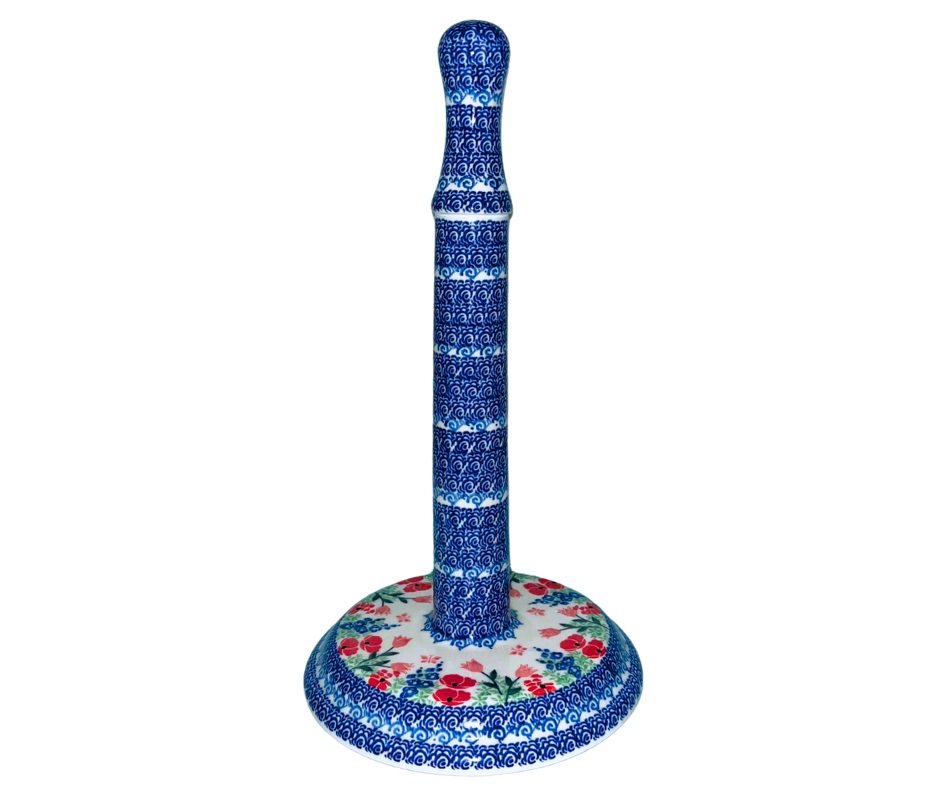 Ceramika Artystyczna Pattern 3220X Whimsical Garden features hand-painted red poppies and blue florals with cobalt scrollwork. Authentic Polish pottery from Bolesławiec.