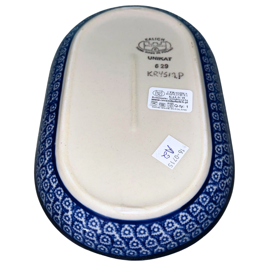 Kalich Polish Pottery 629 Ophelia pattern, hand-painted floral and cobalt lace design, UNIKAT Bolesławiec stoneware, vibrant garden motif with classic blue detailing.