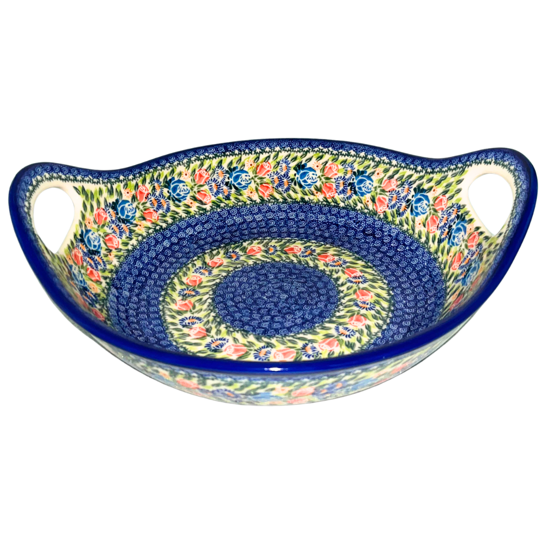 Handcrafted Ceramika Kalich Pattern 297 Small Roses Polish Pottery featuring delicate roses and cobalt accents. Oven, microwave, and dishwasher safe.
