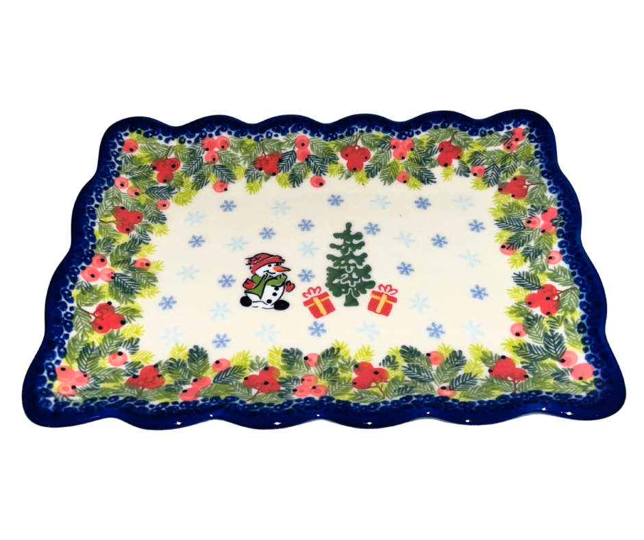Cookie Platter in Kalich Polish Pottery Pattern 1148 Little Snowman. Hand-painted snowman, gifts, and winter greenery with scalloped border. Microwave oven & dishwasher safe.