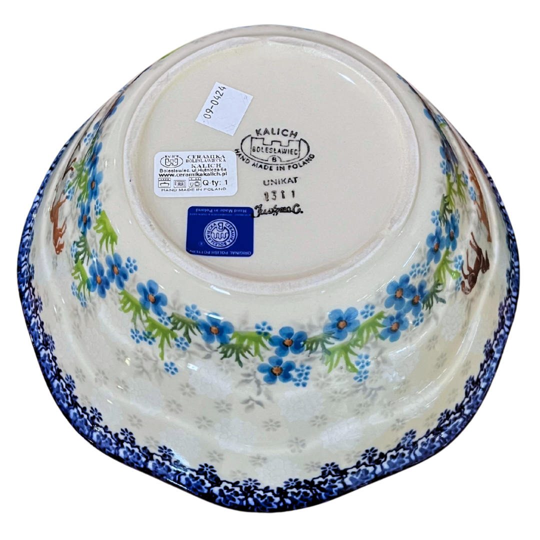 Ceramika Kalich Pattern 1311 features two horses among vibrant blue blossoms with a classic cobalt border. Hand-painted Polish pottery from Bolesławiec, Poland.