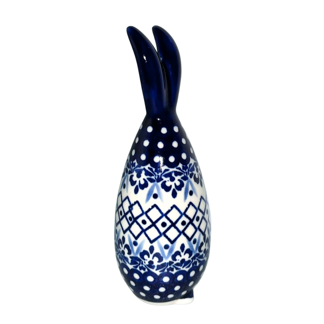 5.75" Polish pottery bunny by Kaola, hand-painted in cobalt lattice patterns, signed P P. Glossy, durable, collectible ceramic figurine.