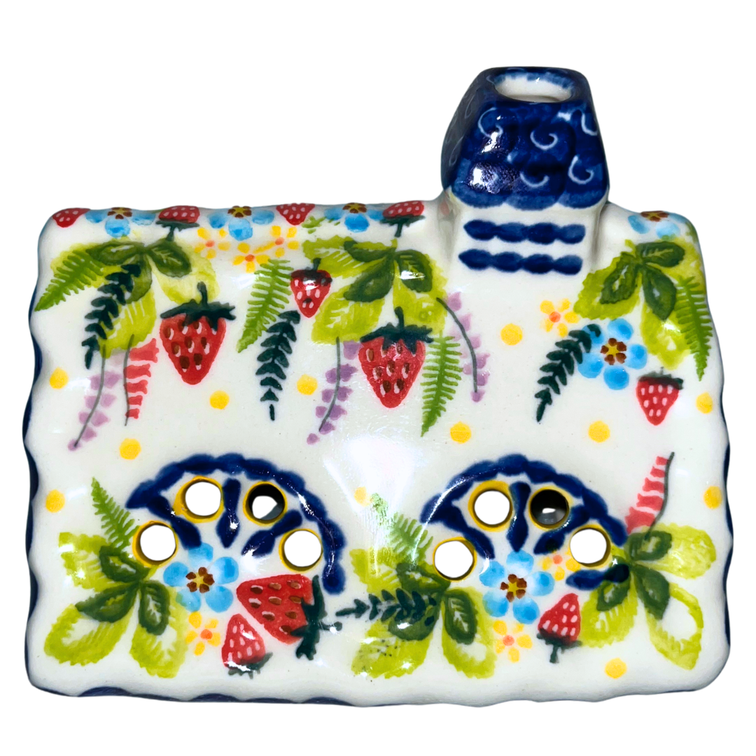Ceramika Kalich Pattern 1085 Summer Strawberries Polish pottery with hand-painted strawberries, blossoms, and butterfly. Authentic Bolesławiec stoneware, dishwasher, microwave, and oven safe.