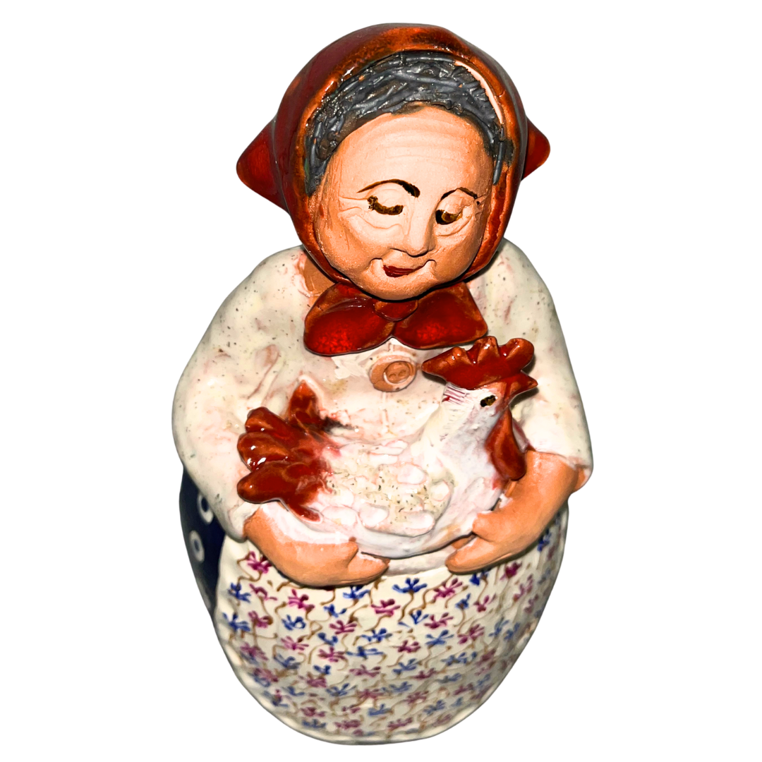 Hand-painted folk art babcia grannie figurine holding a rooster