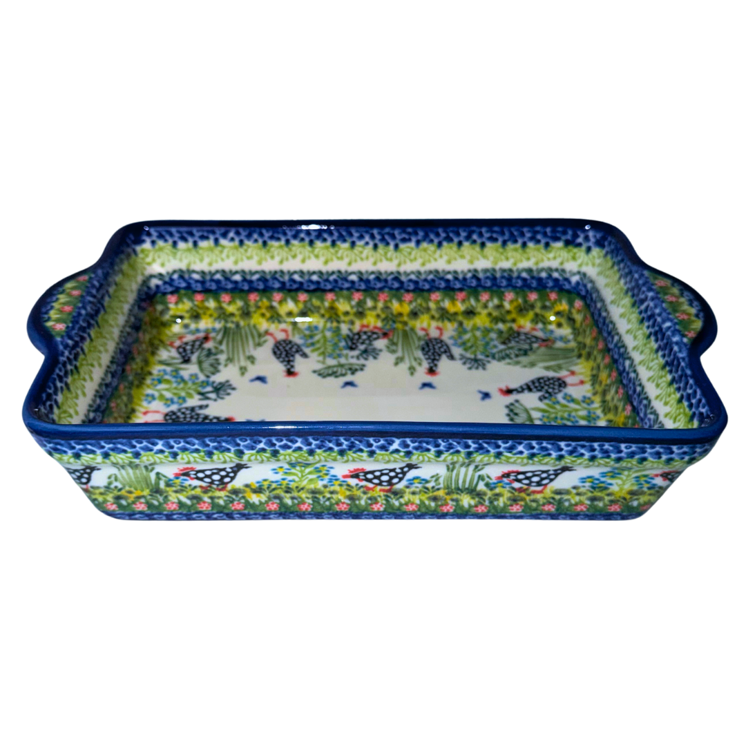 Ceramika Kalich Pattern 950 Polka Chicken Polish pottery with hand-painted hens and floral garden design.