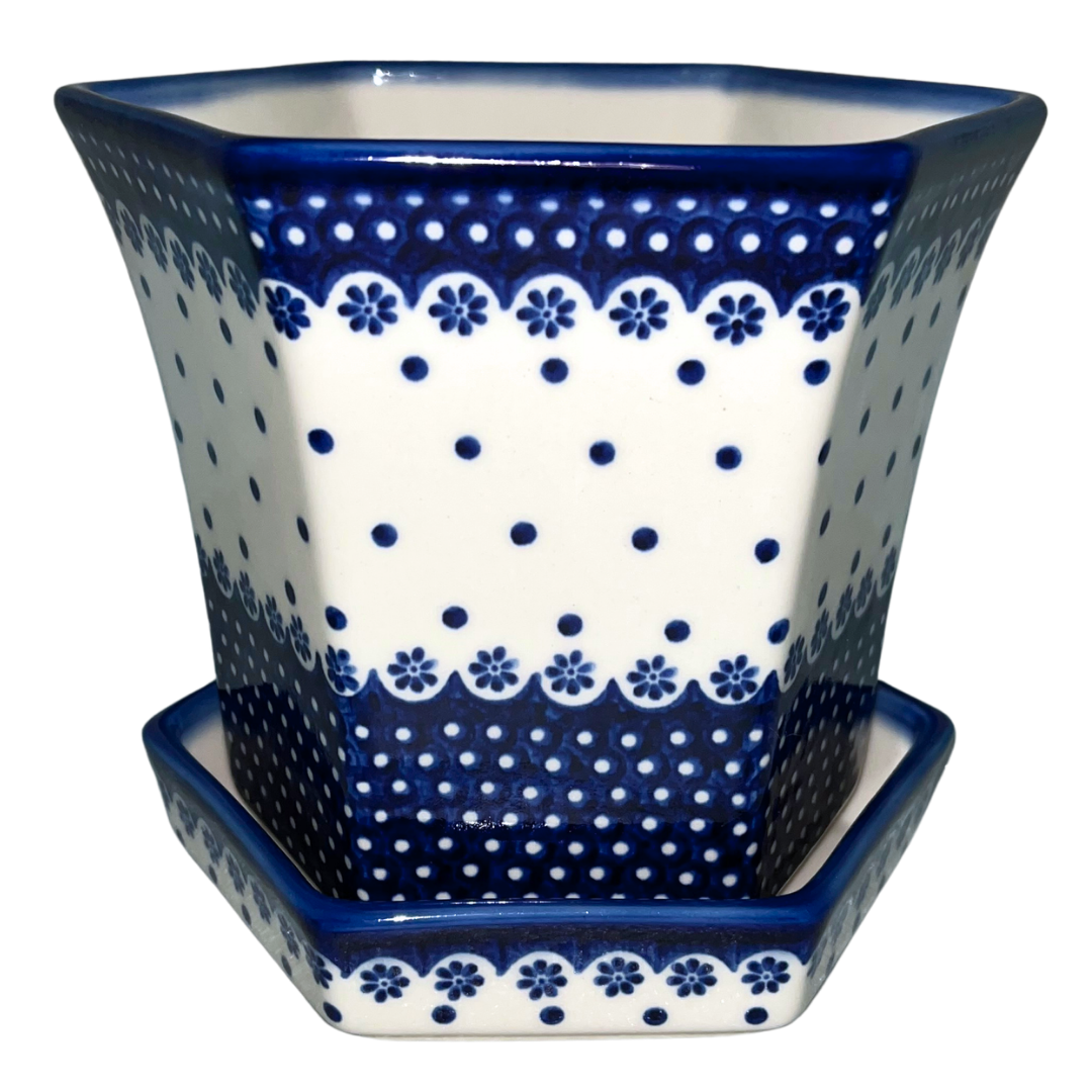 Ceramika Kalich Pattern 1035 Queen Anne’s Lace Polish pottery with classic cobalt dots and floral border. Authentic Bolesławiec stoneware, durable, dishwasher, microwave, and oven safe.