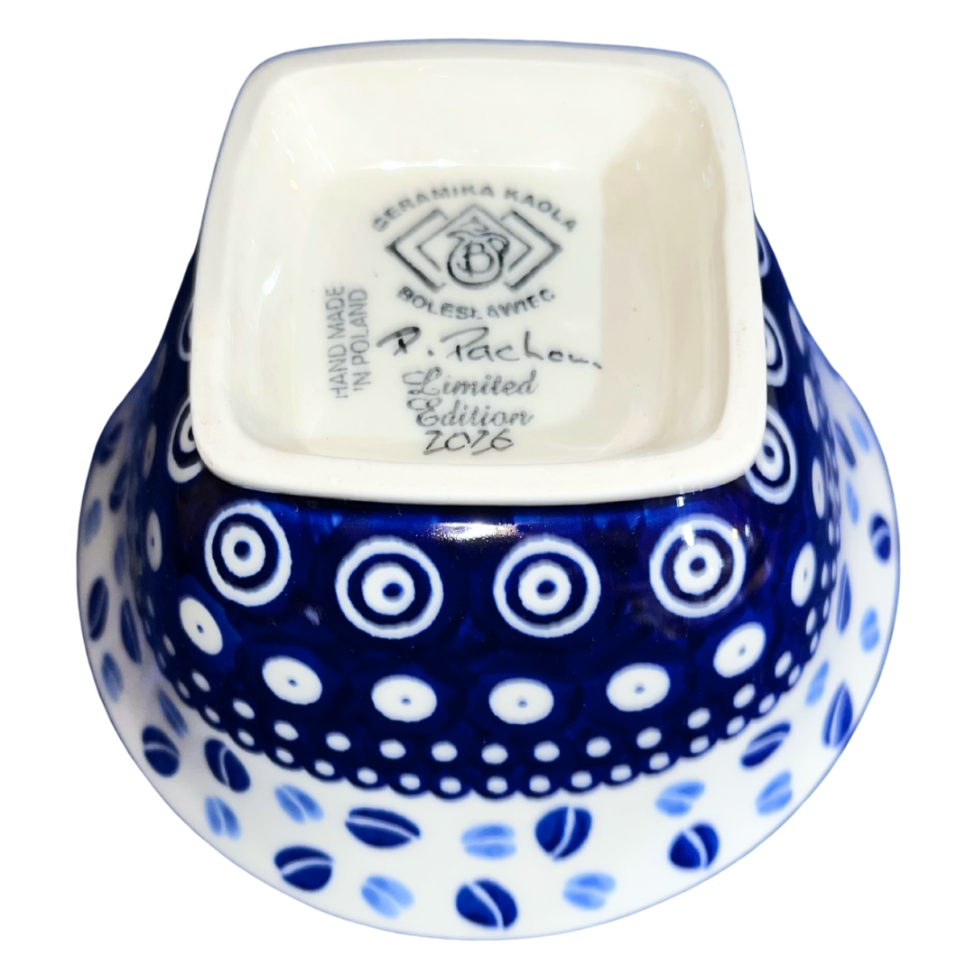 Handmade Kaola Polish Pottery in the Blue Coffee Beans pattern. Authentic Bolesławiec stoneware featuring hand-painted cobalt blue coffee bean motifs.