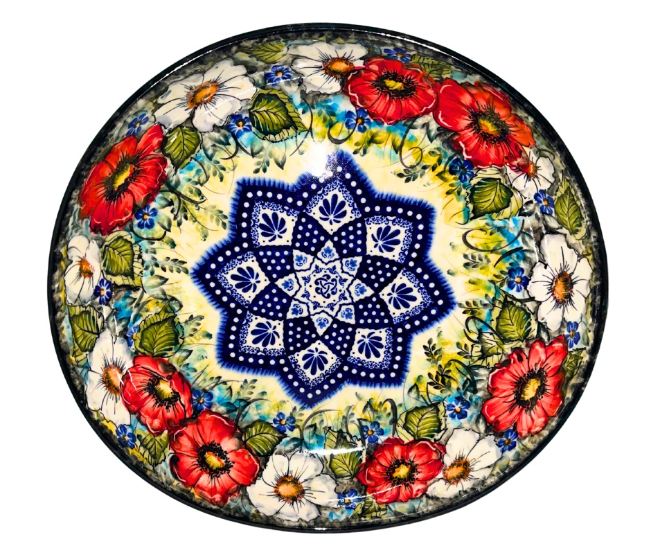 Kaola Studio Polish Pottery 12.25 X 12.5 X 3.25 Bowl Limited Edition 2025 Signed by A Pachum. Red White Blue Florals & Mandala