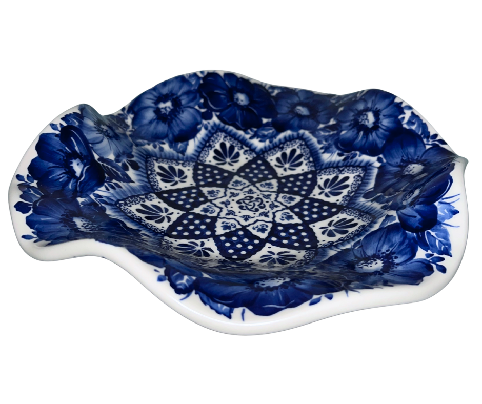Kaola Studio Polish Pottery 9x9 inch Limited Edition Wavy Edge Bowl Cobalt Mandala & Poppies. Signed by A. Pachom