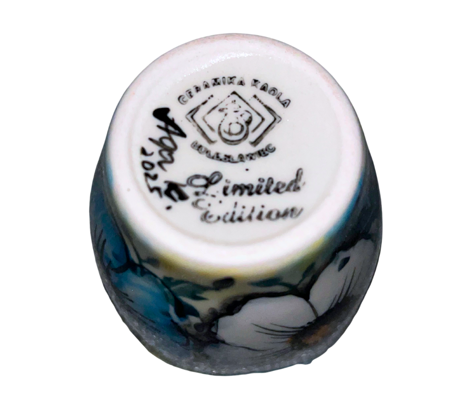 Limited edition 2 oz Kaola cup signed by Aga K with coordinating signed saucer, hand painted Polish pottery from Bolesławiec, 2025.