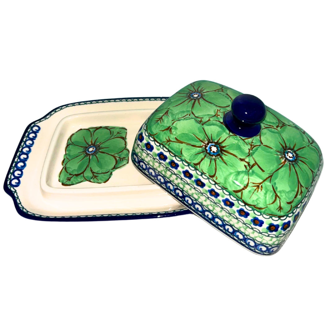 Polish pottery Pattern U408A “Green Poppies” with bold green floral design. Handmade stoneware, durable and dishwasher safe.