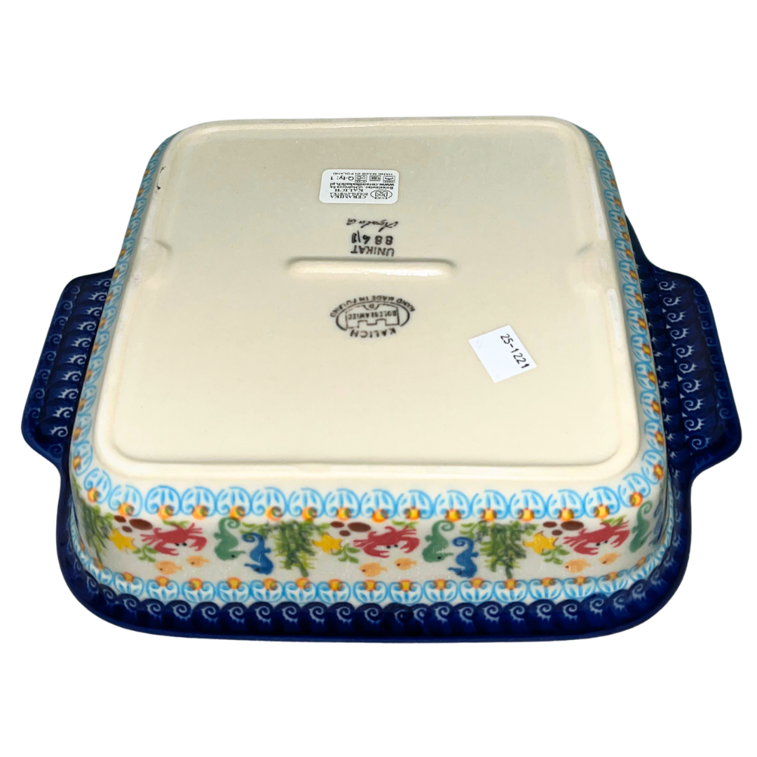 Handmade Ceramika Kalich Polish pottery in Pattern 884 Sealife with Red Crabs. Colorful coastal design featuring seahorses, starfish, and crabs. Microwave and dishwasher safe stoneware.