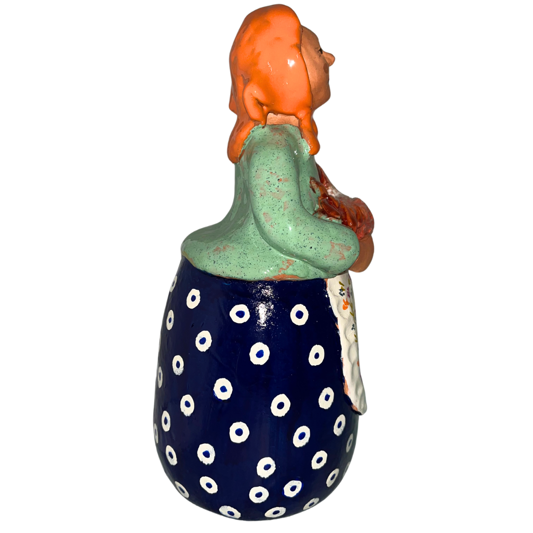 Hand-painted folk art babcia grannie figurine holding a rooster