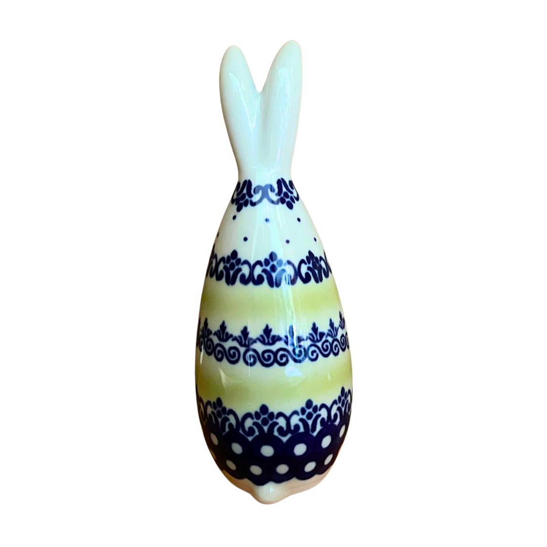 5.75" Polish pottery bunny by Kaola, hand-painted in cobalt & moss green, signed A K. Glossy, durable, collectible ceramic figurine.