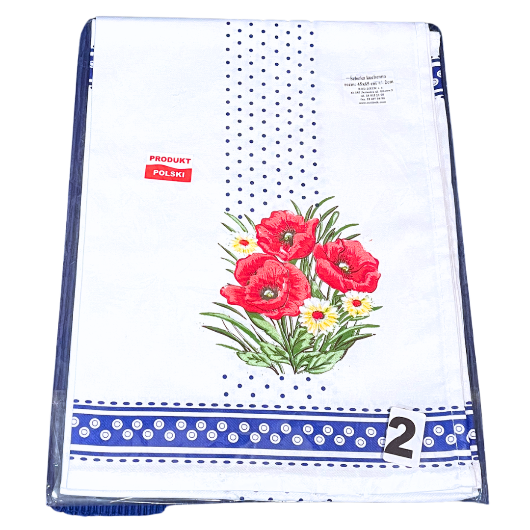 Polish kitchen towels. Set of 2 100% cotton 18x24 towels made in Poland. Red Poppy with Red Accents Pattern.