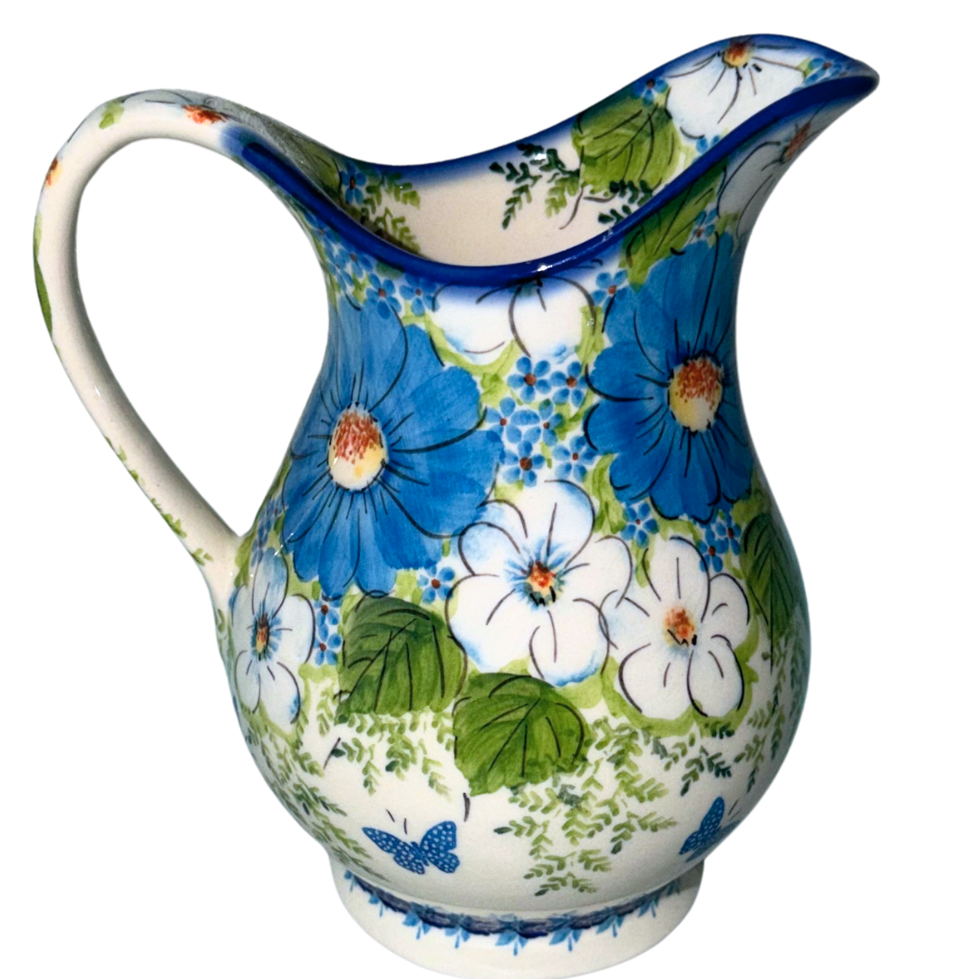 KALICH Polish Pottery 37 oz Kubus Pitcher Pattern 1067 Blue Garden & Butterflies